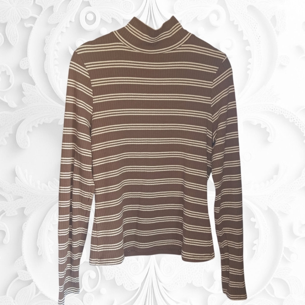 Maeve By Anthropologie Fitted Brown Long Sleeve Striped Top